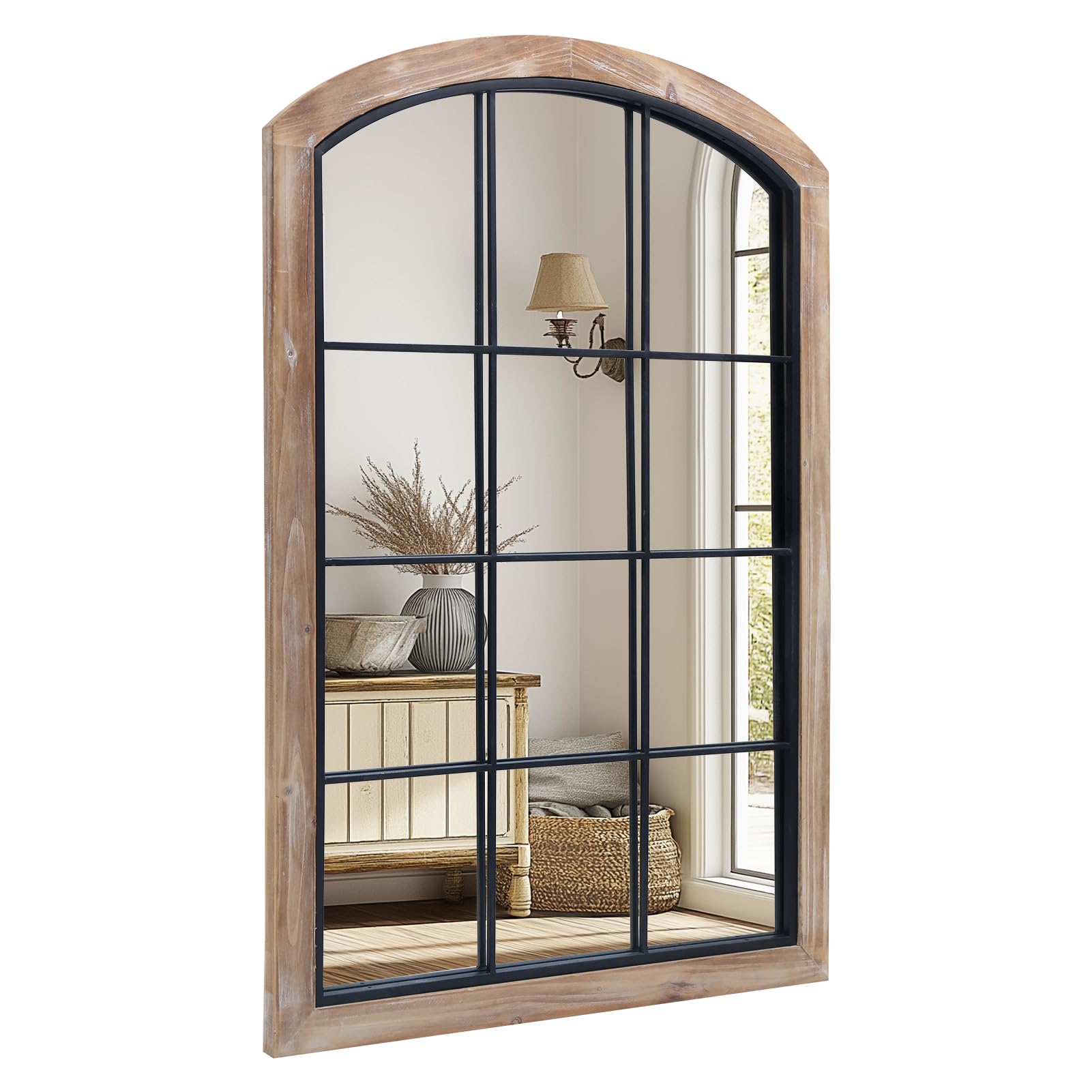 IPOUF Farmhouse Arch Wood Window Mirror, 24X36 Decorative Arch Wall Mirror, Wood Framed Rustic Mirror Metal Inner Frame Wall Decor for Entryway &