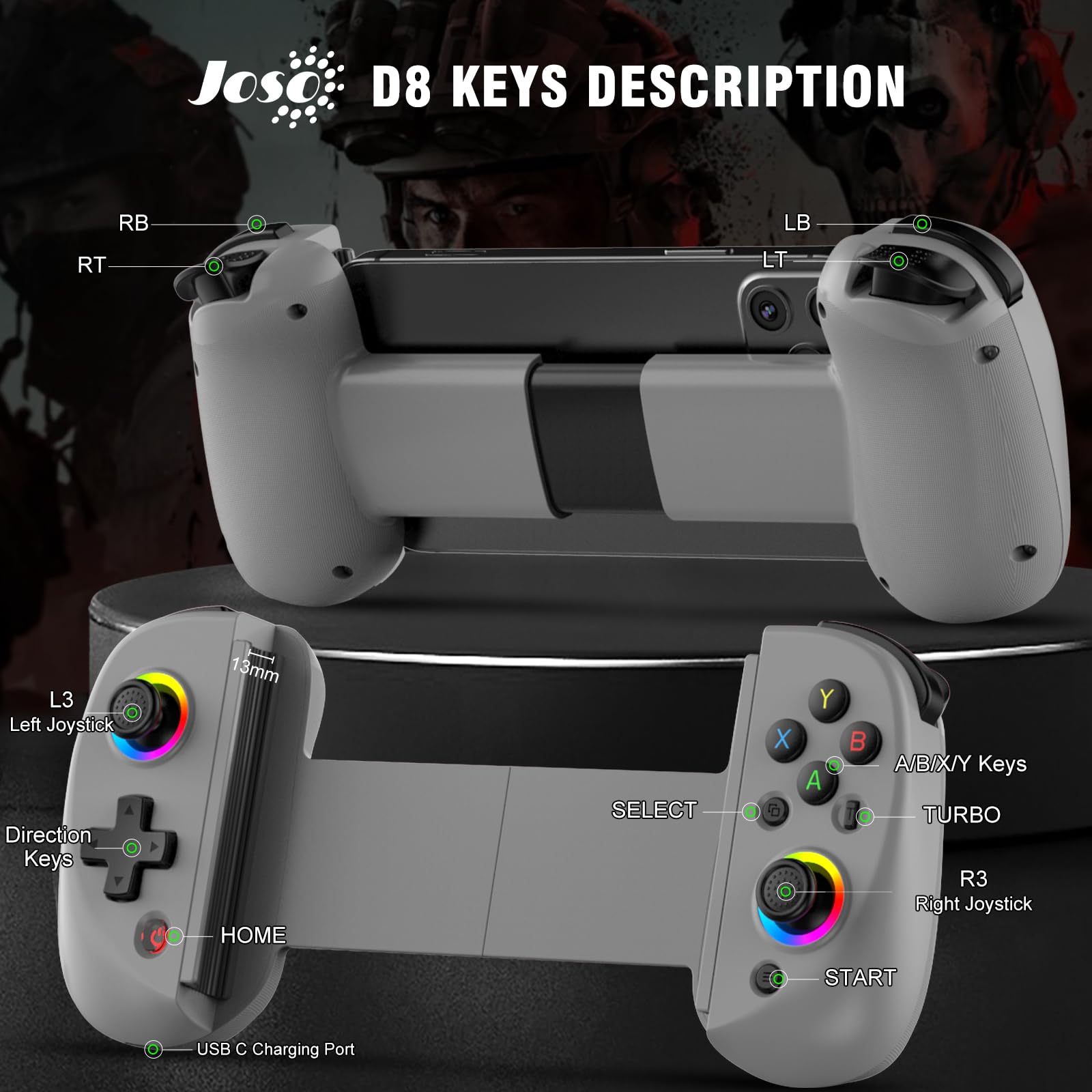 Joso Controller telefonico per iPhone/iPad/Android/Tablet, Controller D8 per Switch/PS/PC con joystick ad effetto Hall Riproduci COD, Genshin Impact, Supporto controller Android Cloud Gaming/Riproduz