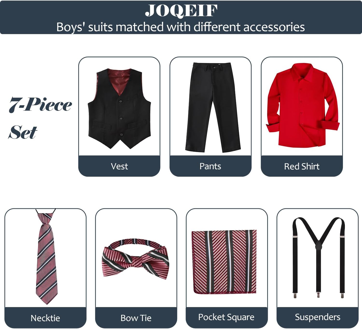 Boys Suits Formal Dress Vest and Pants Set for Kids Teens Boy, with Shirt Bowtie and Suspenders, Adjustable Waist - Image 2