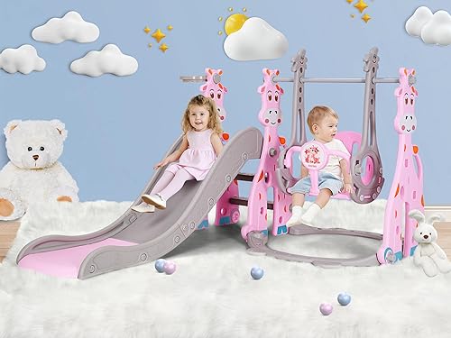 Juego de tobogán y columpio 4 en 1 para niños de 18 a 36 meses, para interiores y exteriores, con aro de baloncesto, pelota, escalador y columpio,