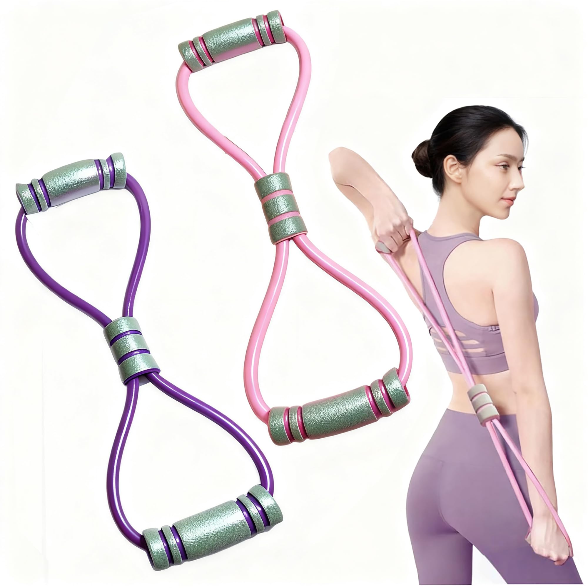 8-Shaped Resistance Bands with Handles,2 Pcs Luxury Figure 8 Resistance Band for Women & Men – Arm Back Shoulder Stretch, Yoga Fitness, Muscle Training Exercise Equipment (Pink & Purple, 42x10cm)