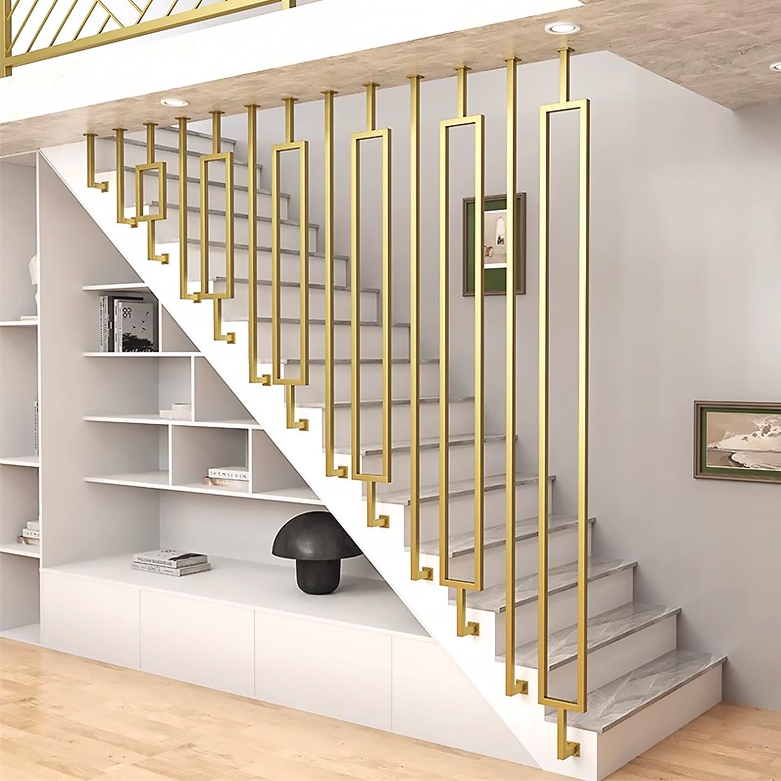 Escalera antideslizante en forma de L | Guardil de barandilla interior para lofts | Barra de soporte montada en el techo | Balaustre dorado de 4 pies para seguridad y estabilidad