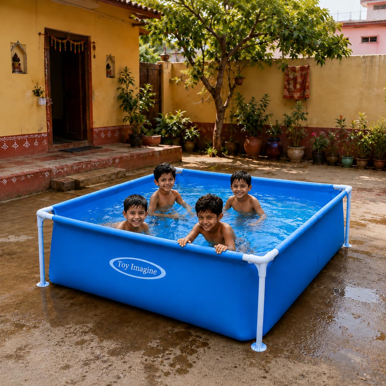Toy Imagine Mini Frame Pool Square Kids Portable Above-Ground Kiddie Pool, Steel Frame PVC Liner, Easy Setup Backyard Splash for Toddlers & Family (48" L x 48" W x 12" H)