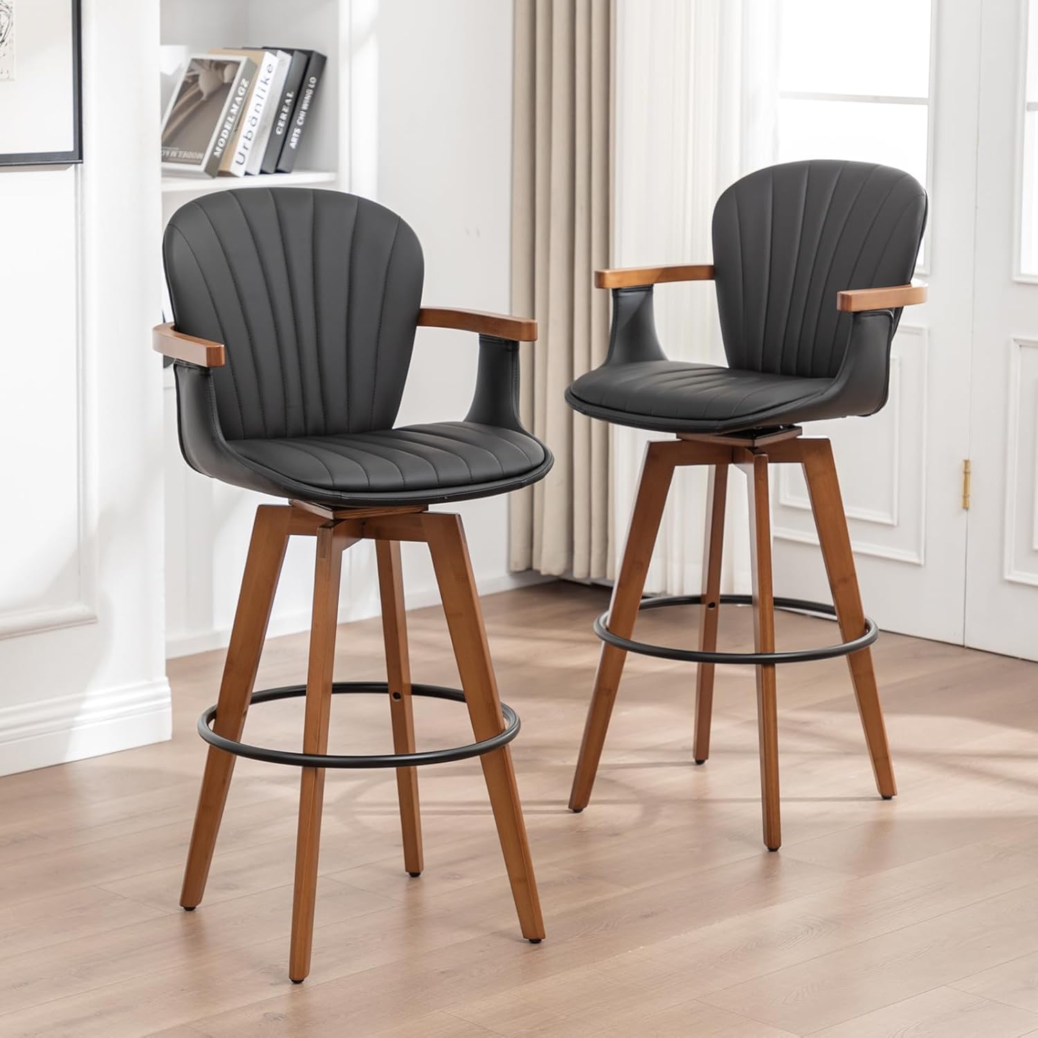 LUNLING 26” Counter Height Stools,Mid Century Modern Bar Stools,Black PU Leather Kitchen Island Stool,Wood High Barstools Swivel with Back and Arms for Home Bar Furniture,1PCS