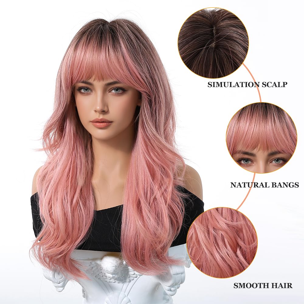 Esmee Long Wave Ombre Pink Wig for Women with Curtain Bangs Natural Synthetic Hair Wigs for Daily Party Use - Image 3