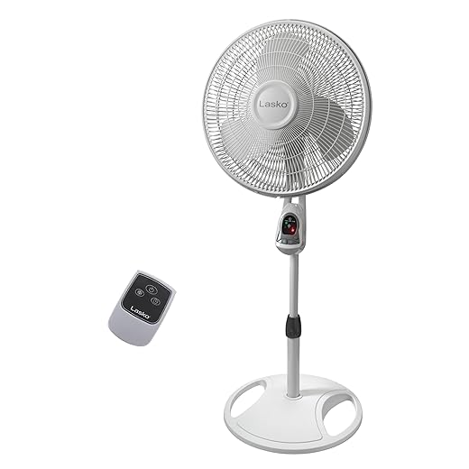 Lasko Oscillating Adjustable Pedestal Stand Fan with Timer and Remote for Indoor, Bedroom, Living Room, Home Office & College Dorm Use, 16 Inch, White, 1646
