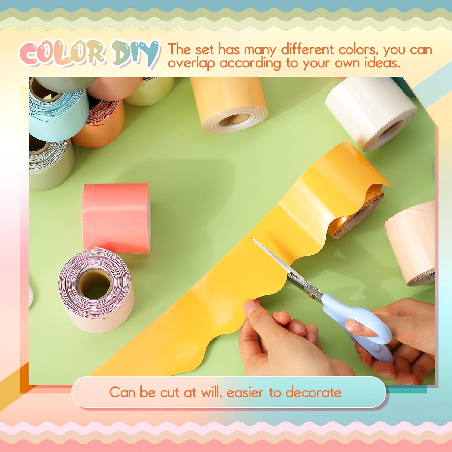 TaoBary 24 Rolls 944.9 Ft Colorful Bulletin Board Borders Bright Classroom Border for Bulletin Board Trim Scalloped Borders Decorations for Office School Teachers Classroom Posters(Boho Color)