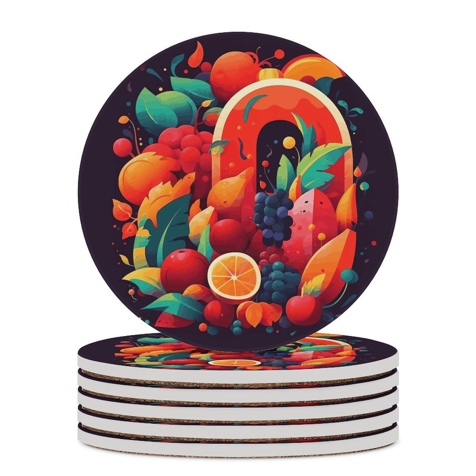Dessous de verre en céramique lot de 6 ronds colorés fruits et légumes avec base en liège