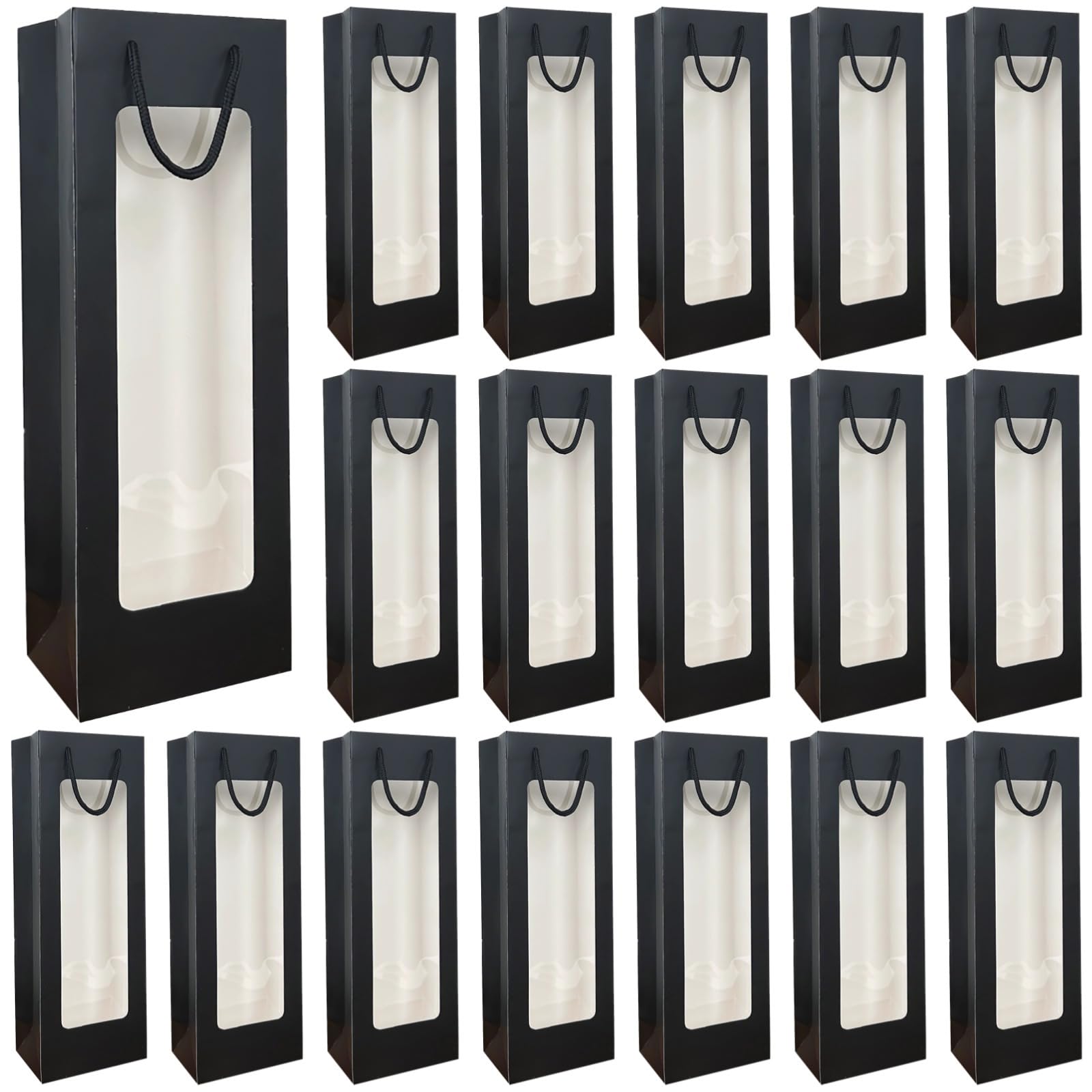 Lot de 24 sacs cadeaux noirs pour bouteille de vin - Sacs en papier avec fenêtre - 35,6 cm de haut - Réutilisables