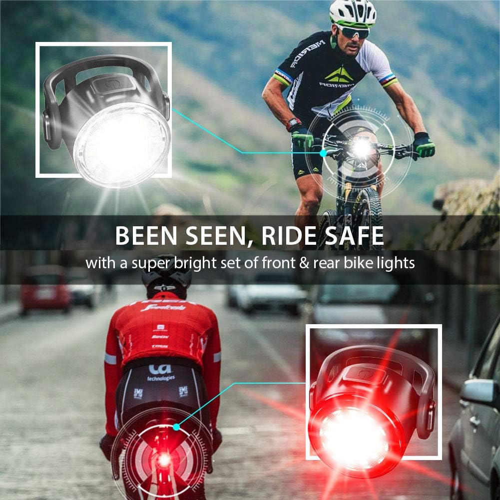 BYB USB Rechargeable Bike Light Front and Back, Safety Bicycle Headlight and Rear LED Bike Light Set, 6 Light Mode Options, IPX4 Waterproof, 2 USB Cables and 4 Straps Included for Easy to Install