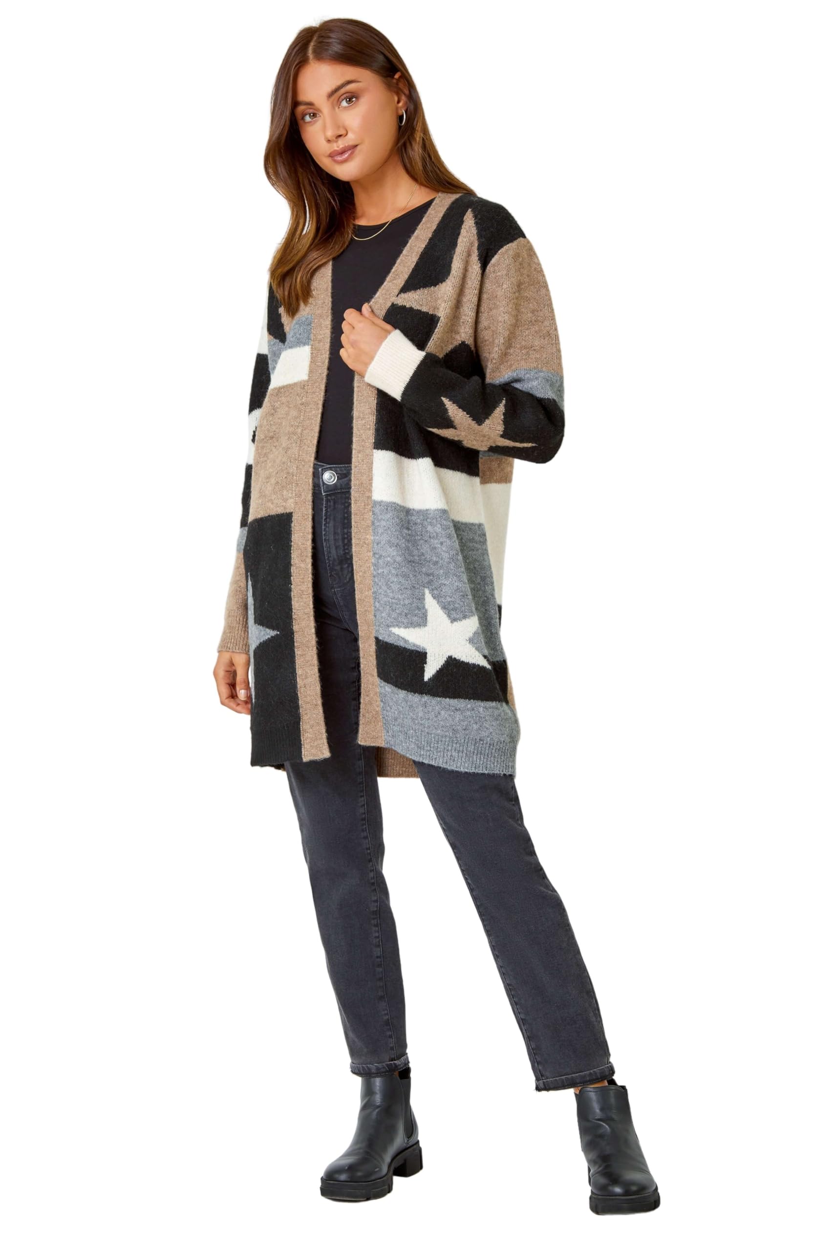 Roman Originals Women's Tan Grey Cardigan - Longline Coatigan Tassel Open Front Cardi Winter Autumn Casual Textured Edge To Edge Yarn Patterned Comfy Work Going Out - Size 12