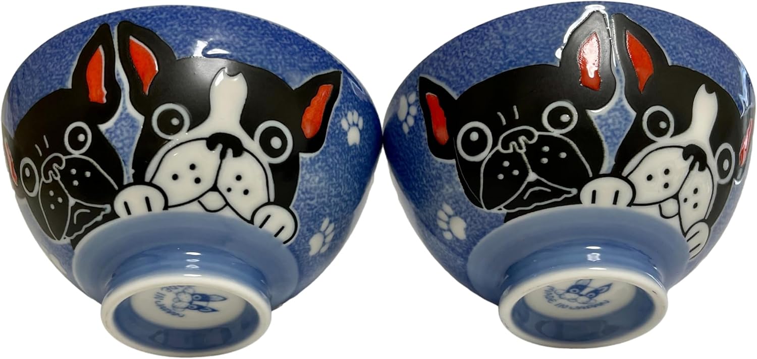 Japanese Mino Ware Ceramic Rice Bowl Set, Blue and Pink French Bulldog Pattern, 4.33 Inches Diameter x H2.36 Inches, 9.47 Fluid Ounces Set of 2 from Japan (Blue, Pink French Bulldog Design)