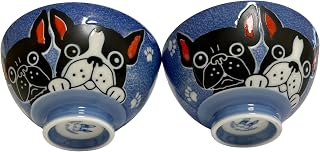 Japanese Mino Ware Ceramic Rice Bowl Set, French Bulldog Pattern, 4.33 Inches Diameter x H2.36 Inches, 9.47 Fluid Ounces Set of 2 from Japan (Blue French Bulldog Design)