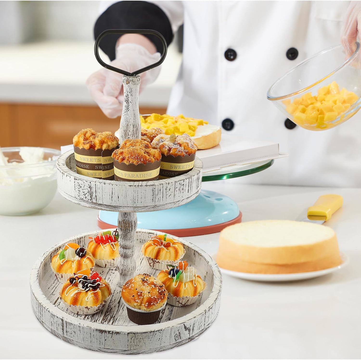 BESTYASH Rustic Wooden Tiered Tray 2-Tier Cake Stand for Farmhouse Decor Wooden Dessert Display Holder for Kitchen Home Gatherings and Coffee Table