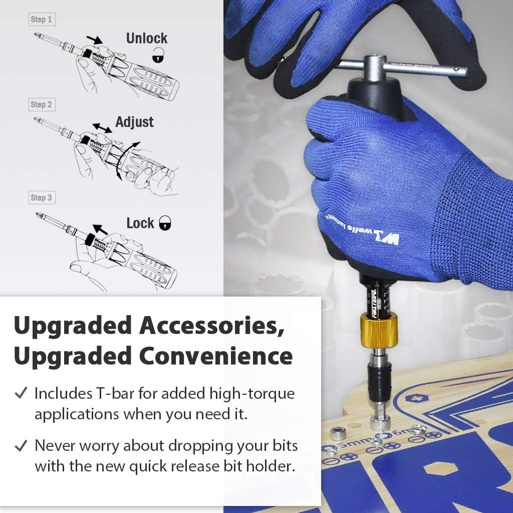 FIRSTINFO H5182 Precision Certified Limited Torque Screwdriver 1-6 Nm (13.28-48.68 in-lbs) with 1/4 Inch Universal Hex Bit Holder Quick Release Design, with Extra T-Handle, with Double Scale