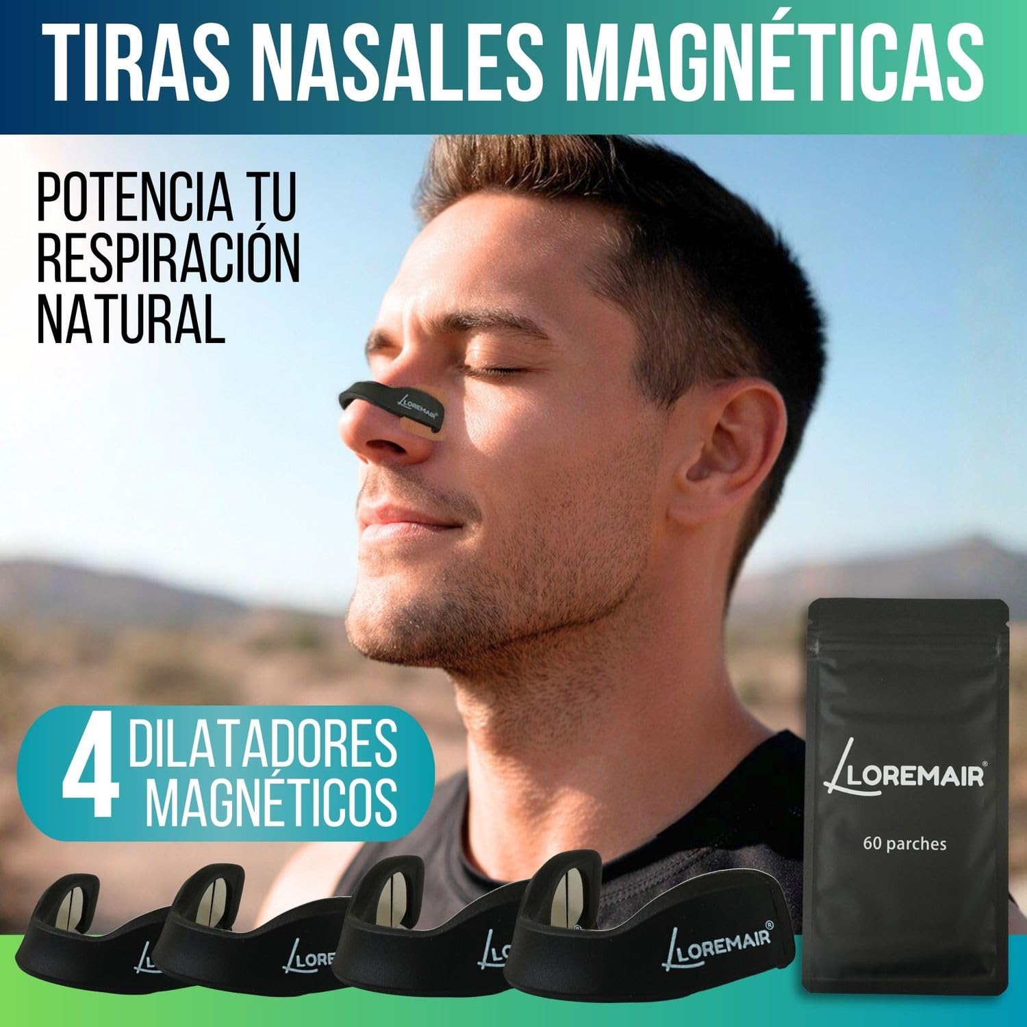 Tiras Nasales Magnéticas Deportivas | Tiras Nasales para Dormir | Dilatador Nasal Antironquidos | Mejora la Respiración y Rendimiento | 4 Arcos Magnéticos + Aplicador + 60 Parches (30 Días)