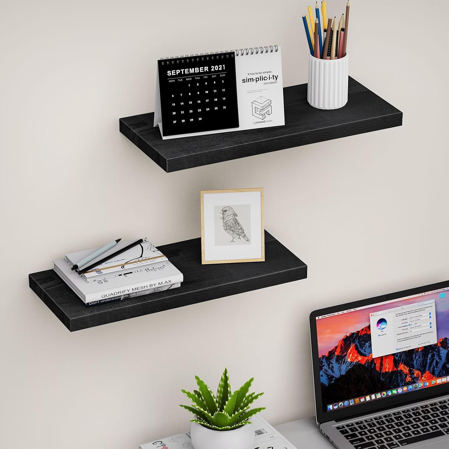 Floating Shelves (Set of 2) – Wall Mounted Shelves for Home Décor and Storage, Natural Pine Wood, Suitable for Living Room and Bedroom (Black, 15.7" x 5.7" x 1.0") Black 15.7" x 5.7" x 1.0"