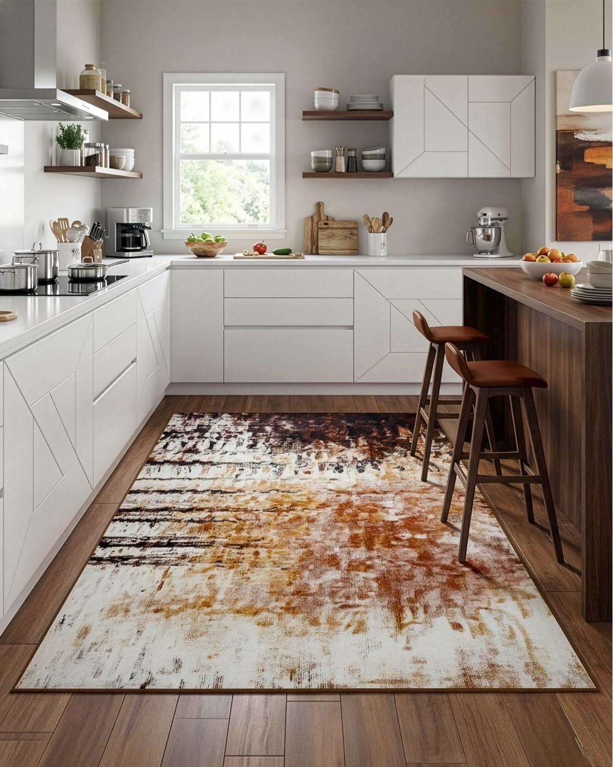 FlyDOIT Washable Area Rug for Living Room, 4x6 Modern Abstract Soft Non Slip Thin Throw Rugs, Print Pattern, Indoor Floor Carpet for Kitchen Office Dorm Bedroom Brown Black Cream Beige White