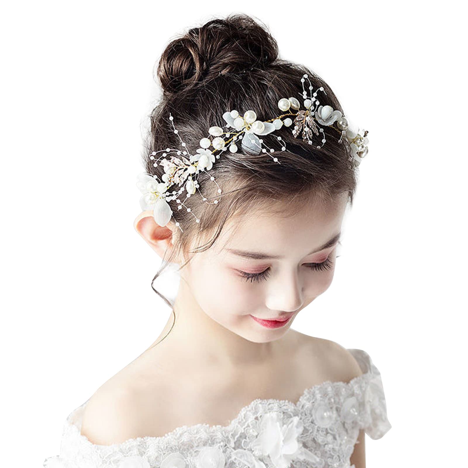 BOWINRPrincess Flower Crystal Girl Headpiece Rhinestone Pearl Headband Alloy Floral Bridal Hair Accessories Communion Wedding Party Prom Photography for Girls Women