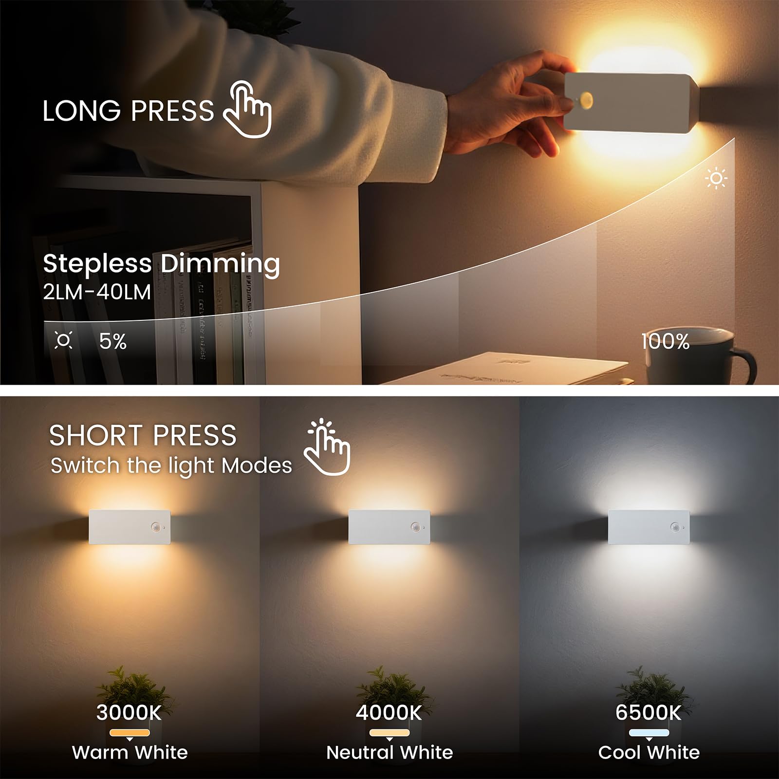 Luce notturna con sensore di movimento retroilluminata a LED, luce notturna ricaricabile, mini luci notturne adesive, luce morbida su due lati, magnetica, regolabile in 3 colori, per camera da letto