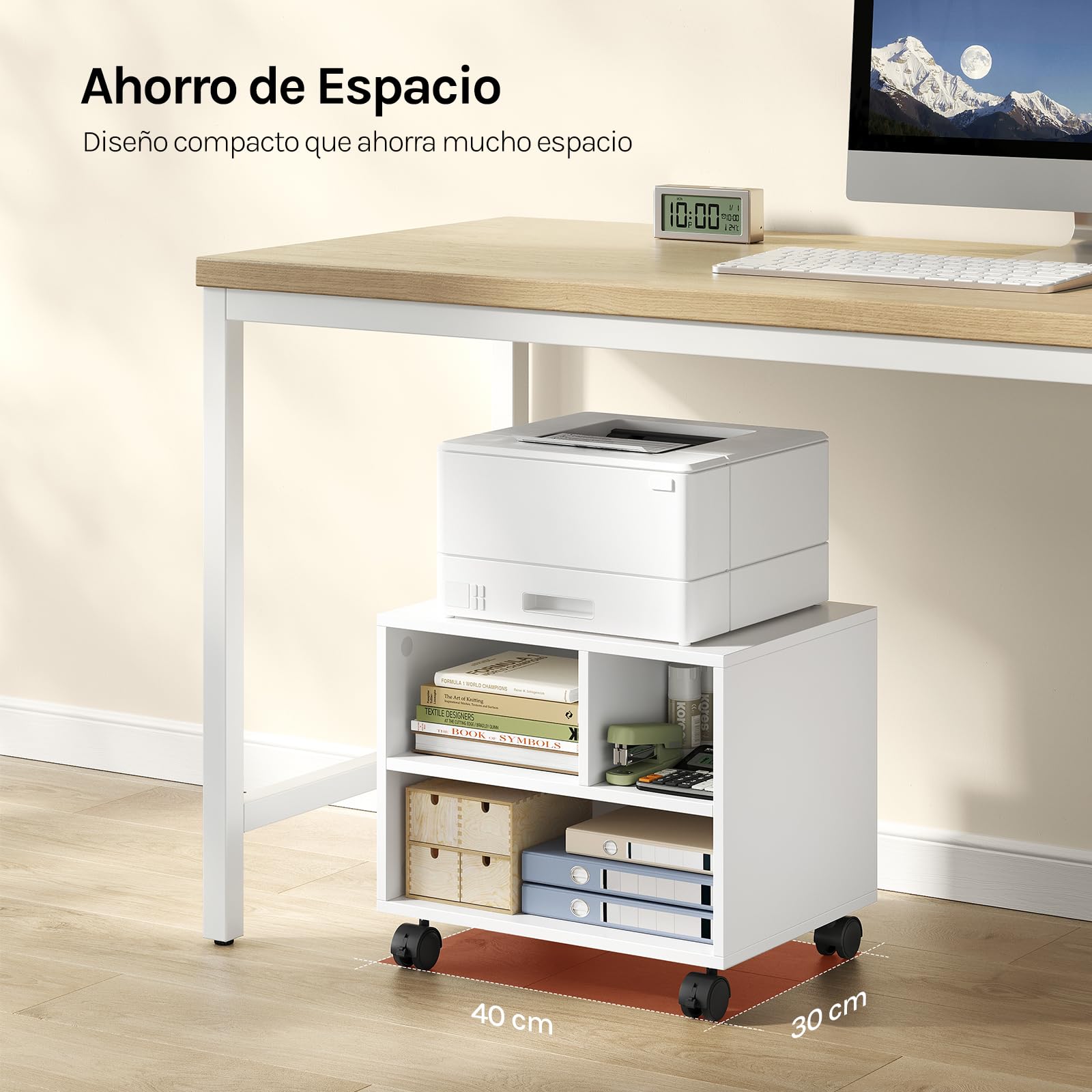 WOLTU Mesa para Impresora con Ruedas, Soporte de Impresora, Estanteria Movil para Oficina, con 3 Compartimentos, Carro Movil, 40x30x35 cm, Blanco, ASK06ws