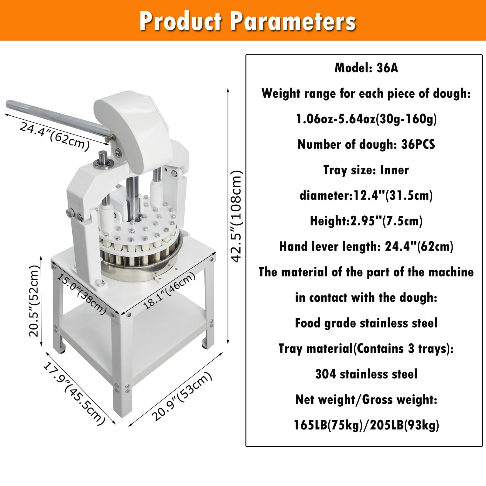 INTSUPERMAI Dough Divider Cutter Machine 36PCS Manual Dough Divider Rounder 3 Pans Hydraulic Dough Equal Cutter DIvider Cutting Machine 1.06oz-5.64oz One Piece