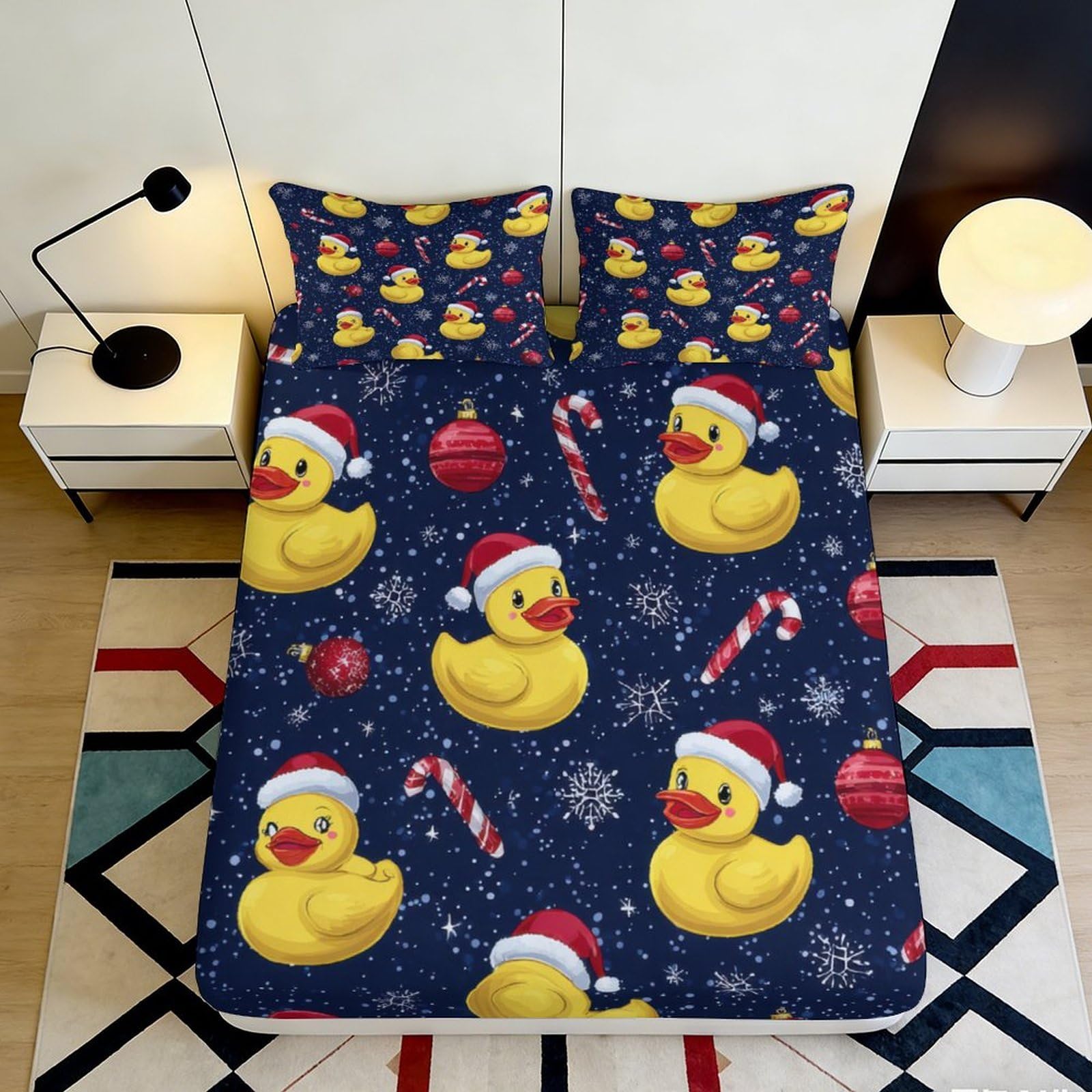 3D Printed Christmas Duck Fitted Sheet Microfiber Deep Pocket Christmas Duck Mattress Fitted Cover Bedroom Bedding for Adults 180x200x25cm