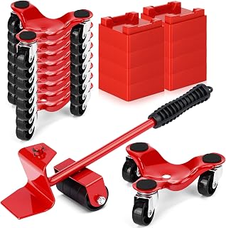 Timtin 17 Pcs Furniture Moving Dolly Set, 8 Pack 3-Wheel Steel Tri Dolly with 8 Heightening Pad & 1 Crowbar, Heavy Duty Movers Triangle Swivel Casters for Heavy Furniture, 200 Lbs Capacity(Red)
