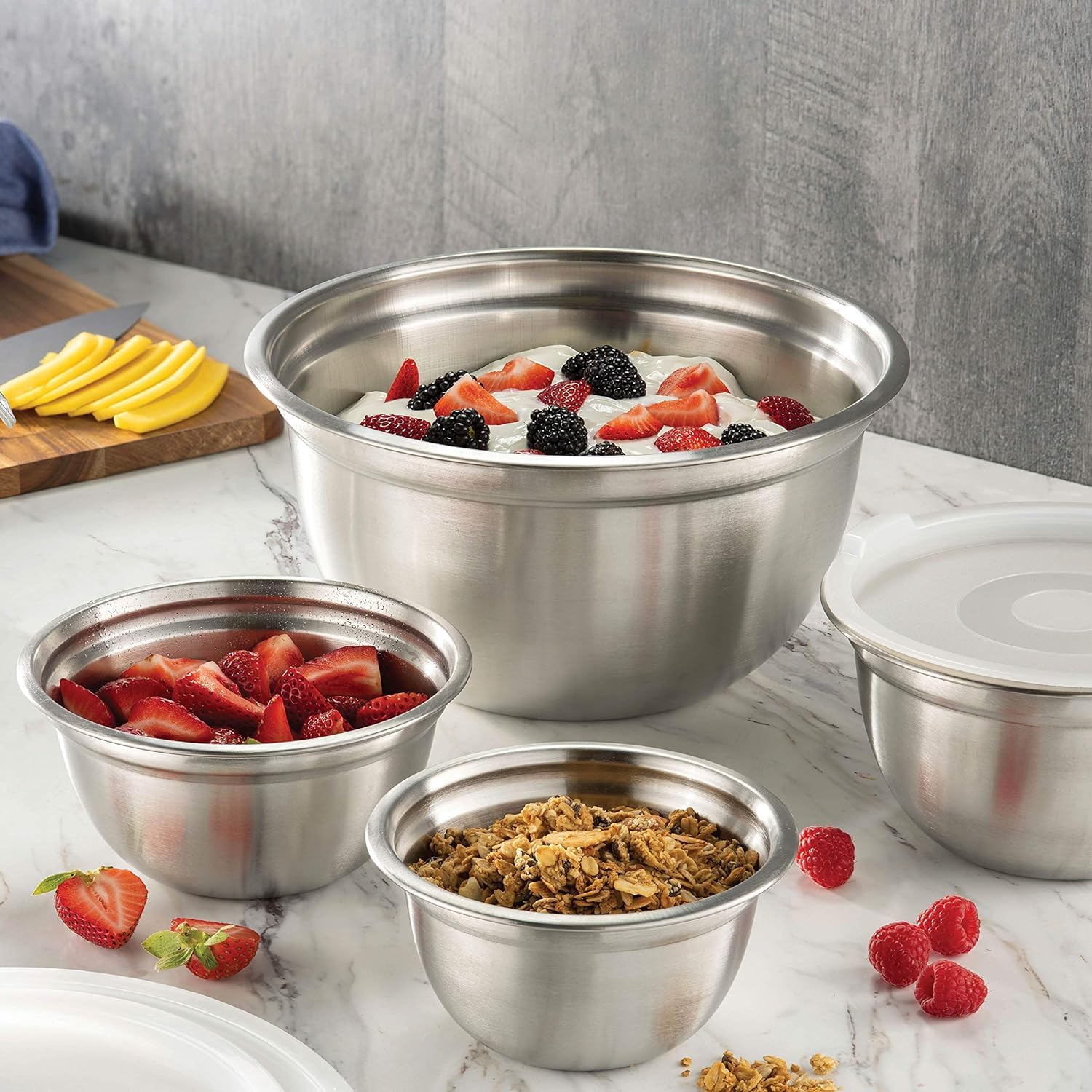 Juego de cuencos de acero inoxidable con tapas, esenciales de cocina para el hogar, artículos esenciales para hornear, 5 piezas