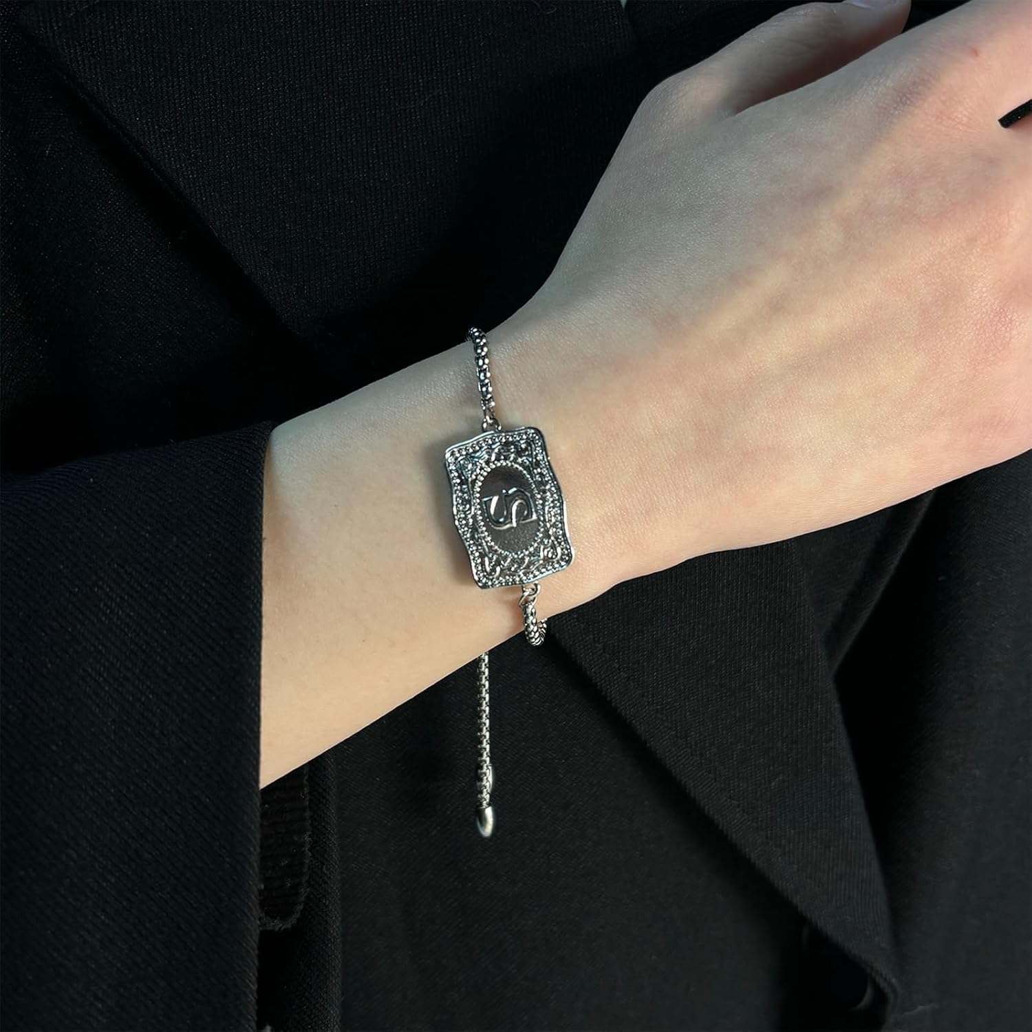 Belt Buckle Bracelet with Initial Silver Western Cow Tag Bracelet Adjustable Mini Initial Letter A-Z Bracelets Western Cowboy Personalized Jewelry for Women thumbnail