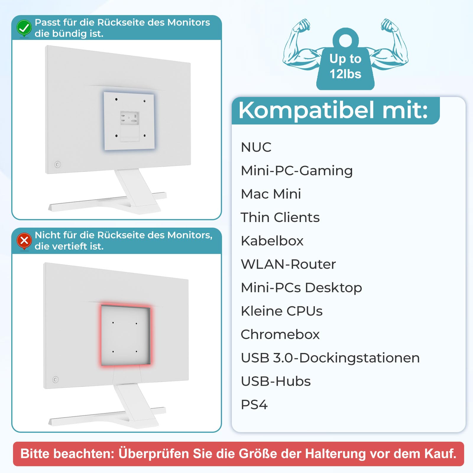 Universal Halterung für Mini-PCs, NUC, Mac Mini, Kabelboxen, WLAN-Router und Kleine CPUs Verstellbare Weite von 16-70MM Wand/VESA/Untertisch Halter für Thin Client Metall Monitorhalterung für Mini-PC