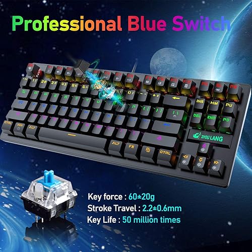 Miniatura 3 de LexonElec K2 - Teclado mecánico para juegos, interruptor azul, mini 82 teclas con cable con retroiluminación LED arcoíris, mouse ligero para juegos
