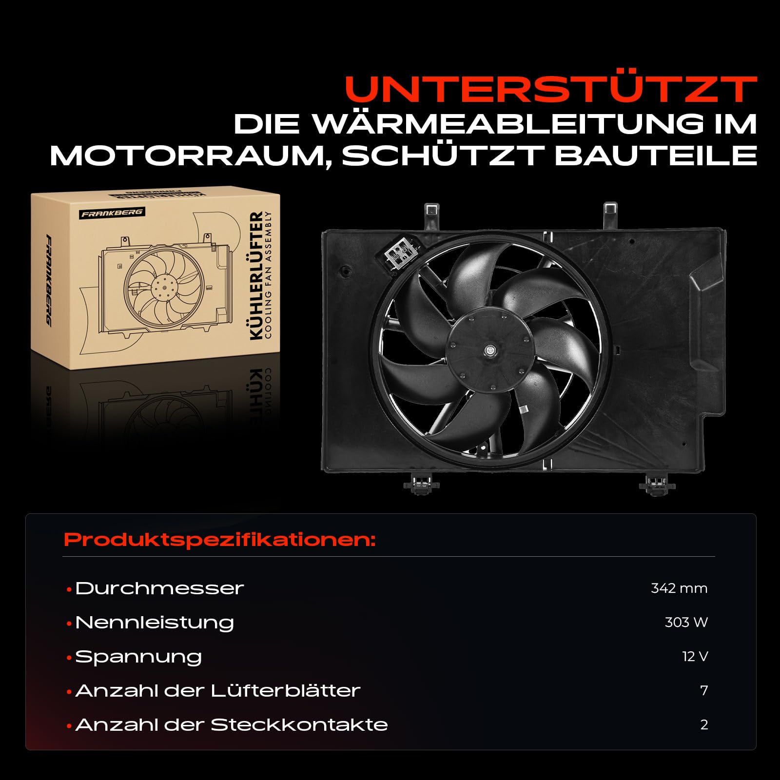 Frankberg 1x Lüfter Motorkühlung Kühlerlüfter Kompatibel mit B-Max JK 1.5L 2012-2022 Fiesta VI CB1 CCN 1.4L 2009-2017 Ecosport 1.5L 2013-2015 Replace# 1557574