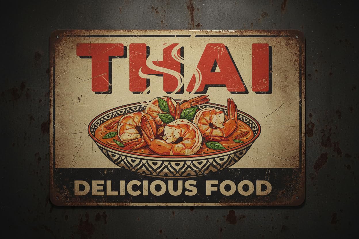 Wall Decor Thai Food | Full Color Sidewalk Display Sign Board With Metal Ground Stakes | 8x12Inch Vintage Signs Aluminum Plates Printed