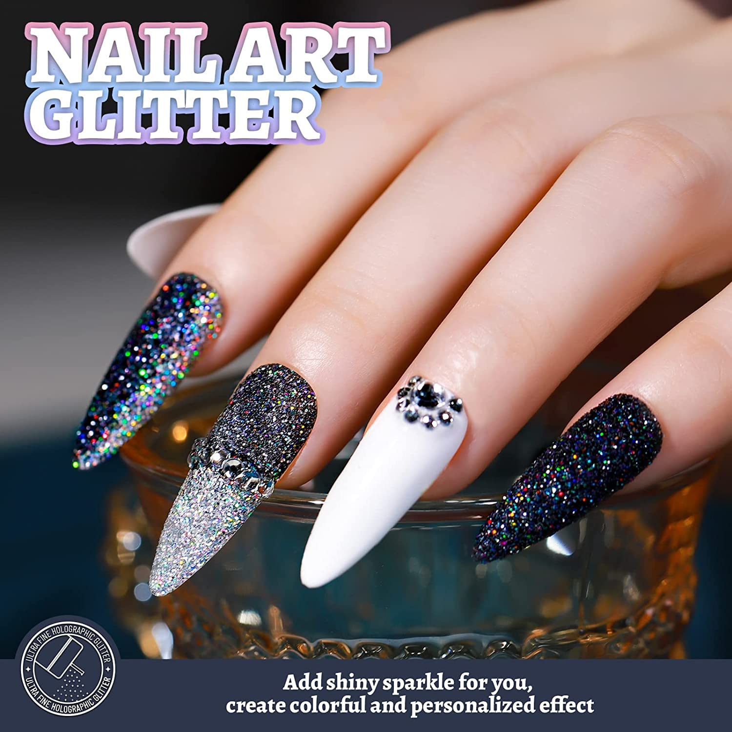 Glitter ultra fine olografico da 180 g, in resina glitterata da 0,3 cm, per capelli, viso, corpo, unghie, LEOBRO metallizzato, iridescente, per bicchieri, artigianato, nero