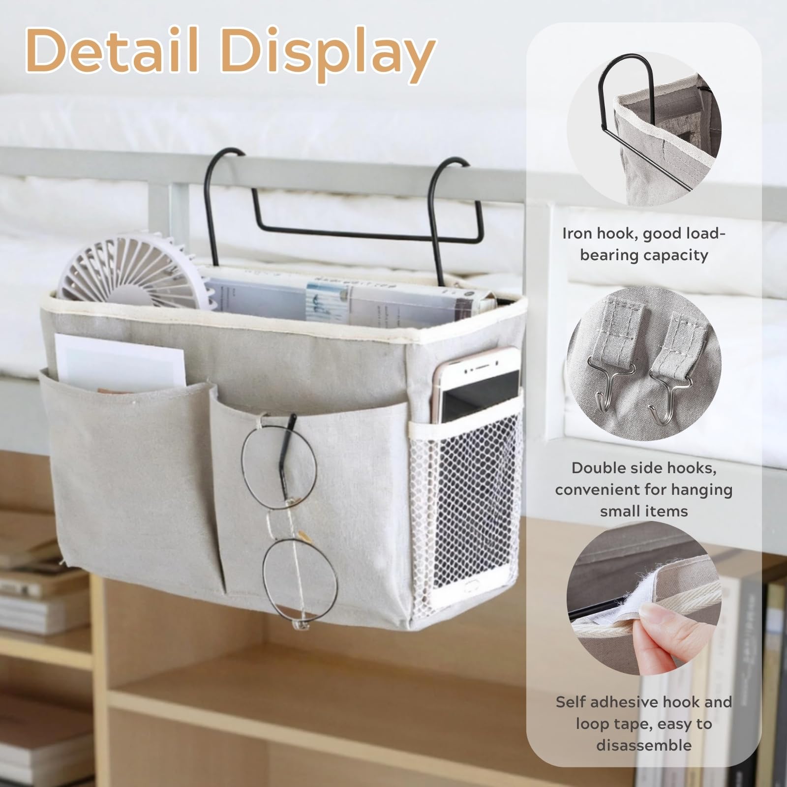 KANRICHU 2 Organizer Portaoggetti Da Appendere Al Letto Con 3 Tasche, In Cotone E Lino, Con Cinghie Regolabili E Gancio, Per Camera Da Letto E Letti A Castello, Rosa - 5