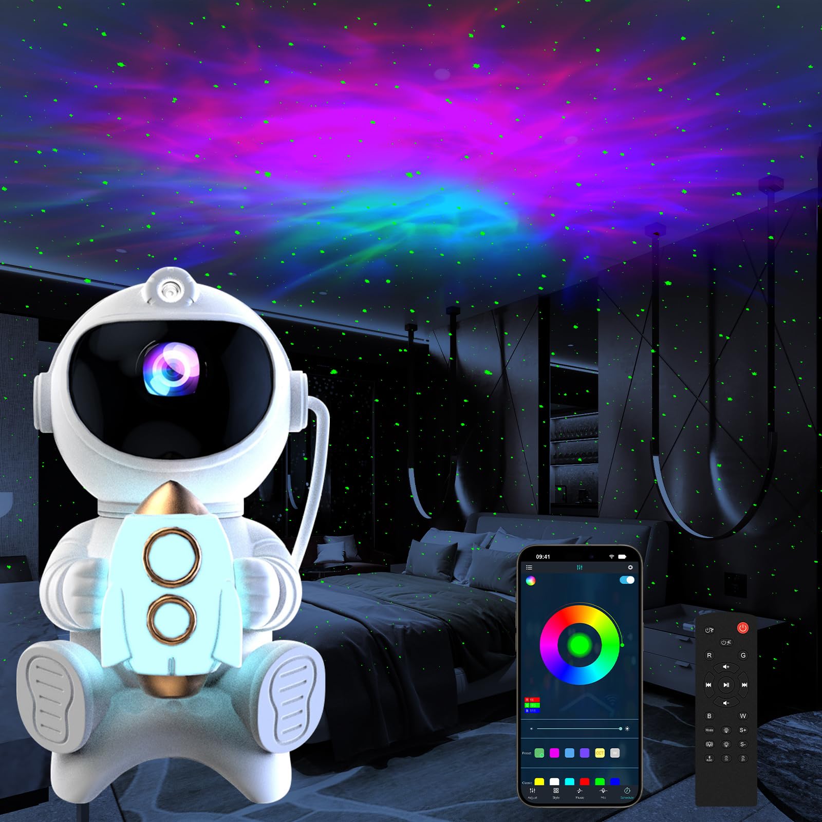 HONPHIER Astronaut Galaxy Projector with Speaker 360° Rotation Night Light Space Projector, with Timer and Remote for Adults Kids Bedroom Party (Rocket)