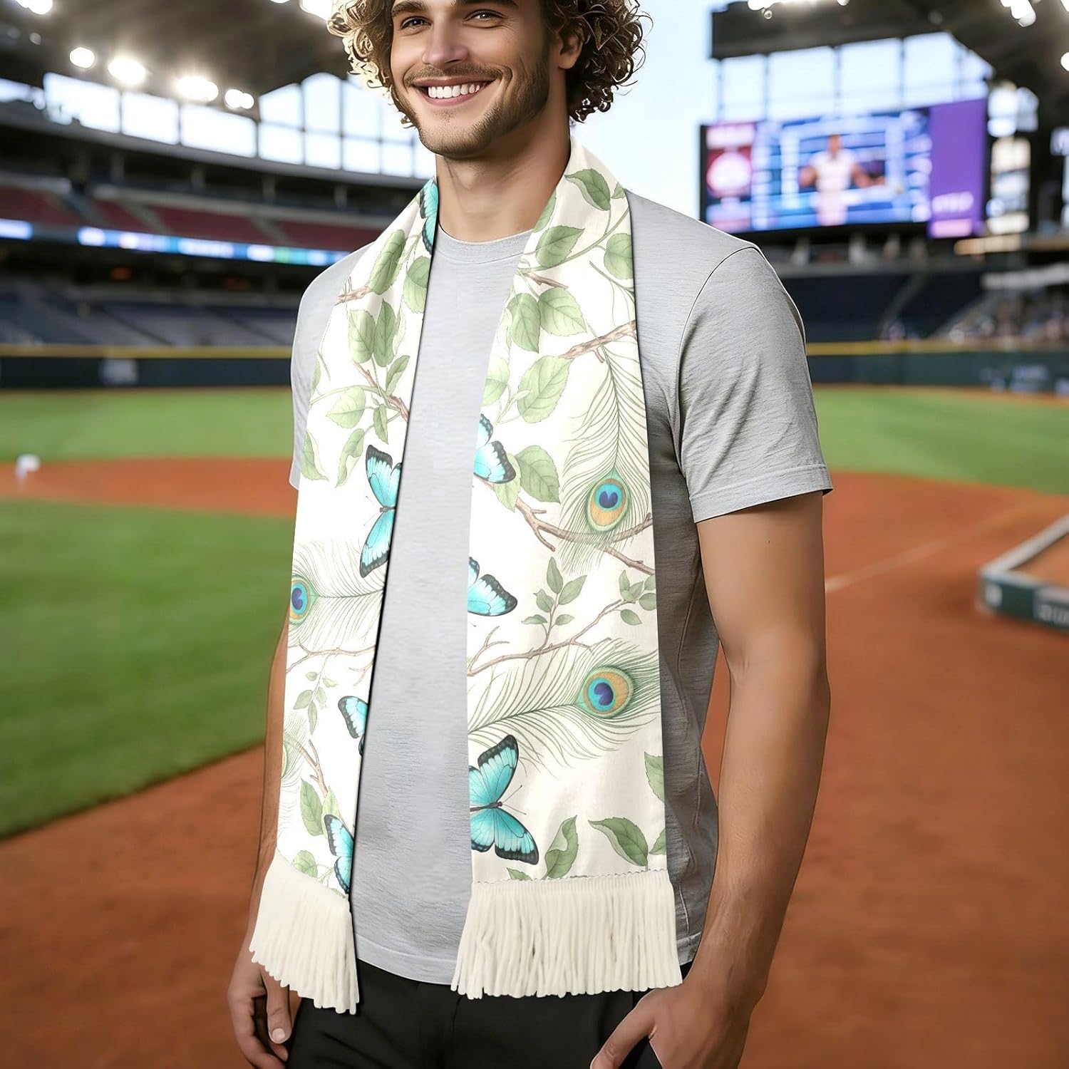 CHIFIGNO Peacock Turquoise Butterflies Cream Sports Fan Scarf, Soft Polyester Sweat Wicking Cheering Towel for Soccer Games, Fringe Ends
