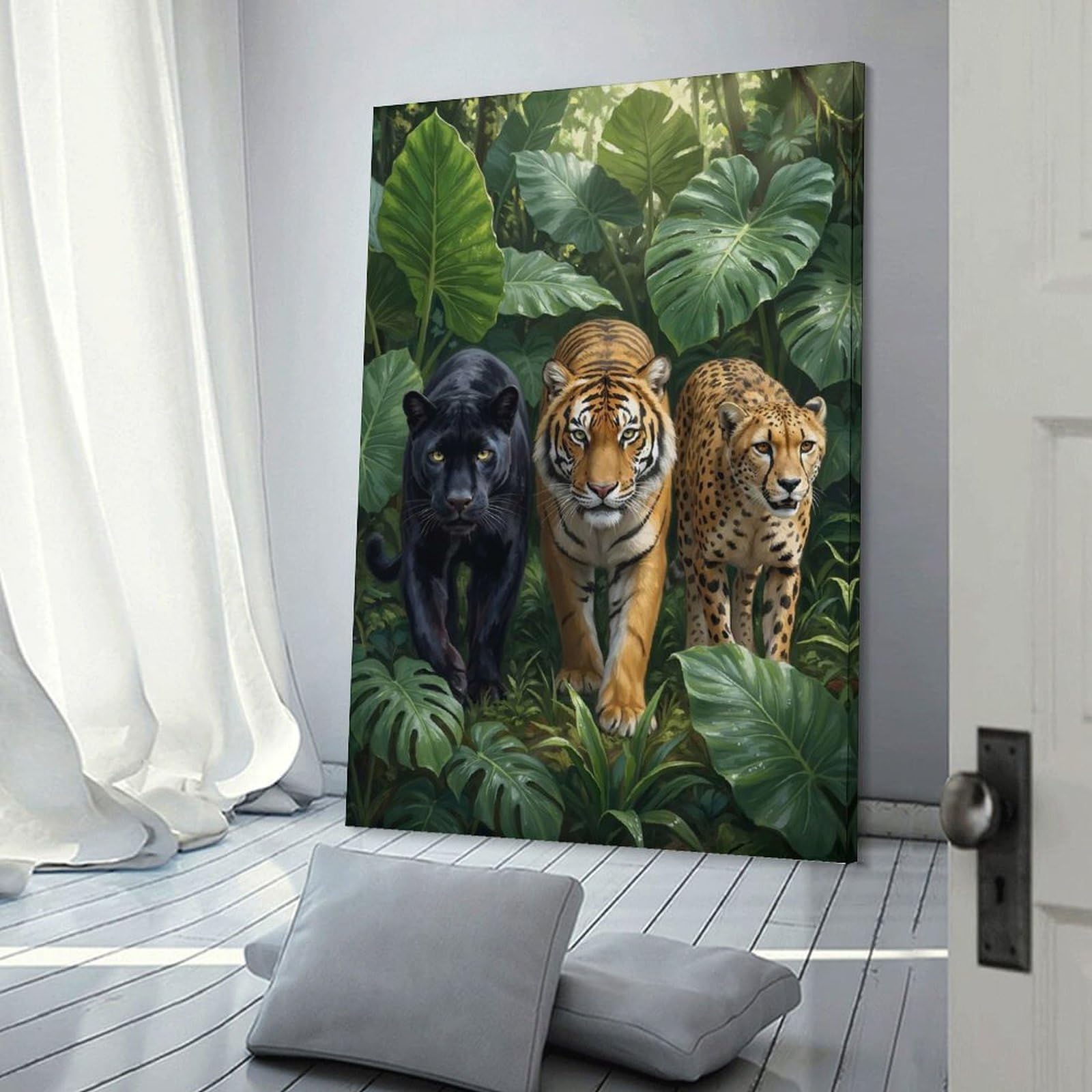 Junmoney Jungle Trio Panther, Tiger, Cheetah Canvas Wall Art 20x30inch(50x75cm), for Work Areas, Reading Rooms Or Studios, A Smart Decor Choice for Study Walls