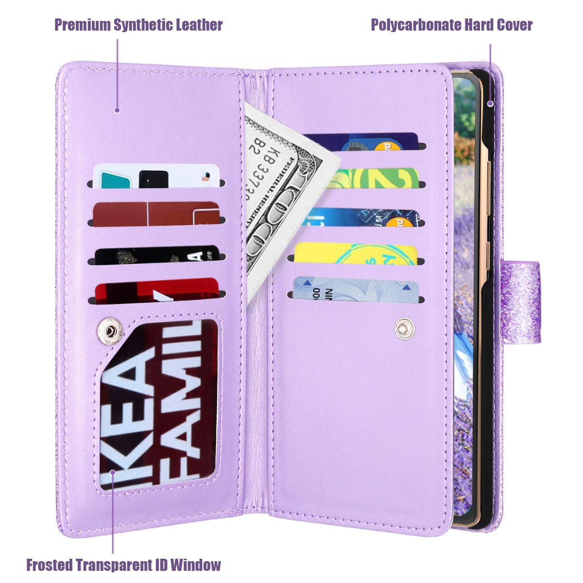 Fingic for Samsung Note 20 Case,Galaxy Note 20 Wallet Case,Glitter Sparkle Cover 9 Card Holder PU Leather with Kickstand Wrist Strap Protective Case for Women for Samsung Galaxy Note 20(2020),Purple