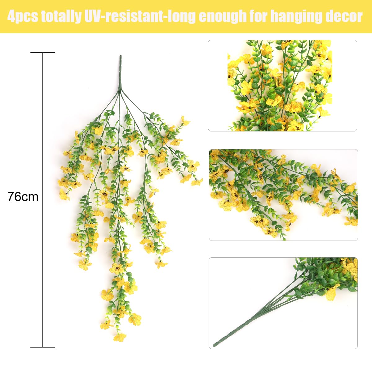 HBell 4Pcs Artificial Hanging Flowers,UV-Resistant Fake Hang Plants Flower Bouquet Hanging Vine Plants Drooping Plant for Wall Home Garden Yard Patio Wedding Indoor Outdoor Decoration (Yellow) - Image 2