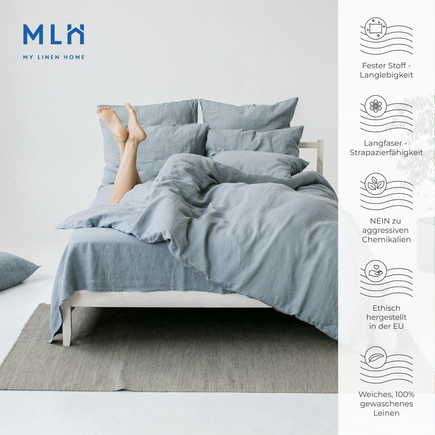 Bettwäsche set aus 100% Stonewashed Leinen in Grau Blau I Sets enthalten 1 Deckenbezug 135x200 cm und 1 Kissenbezug 40x80 cm I Deckenbezug mit Reißverschluss, Kissenbezüge mit Umschlagverschluss