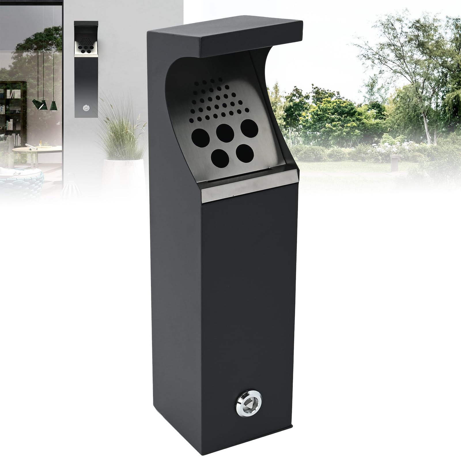 Cubo de basura comercial para exteriores, cubo de basura de cocina montado en la pared con llave, cubo de basura de 2,3 L, 5 agujeros, color negro, fácil de limpiar, 10 x 10 x 40 cm