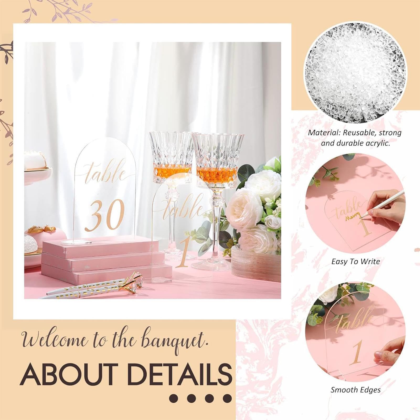 Arch Acryl Tischkarten Goldbedruckt 1-30 Blatt | Klare Acryl-Tischnummernständer für Events Empfang Hochzeit Restaurant Bankett Geburtstag Bar