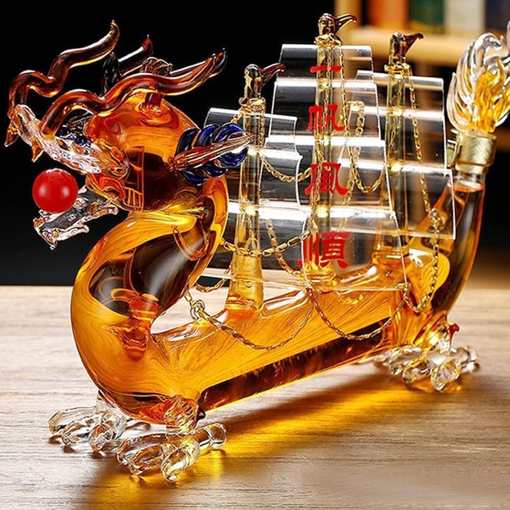 SENJINGHUA Dragon Drinking Animal Whiskey & Wine Decanter, Large Reusable Chinese Dragon Boat Wine Decanter, Zodiac Shape Whiskey Decanter for Liquor Scotch Bourbon.