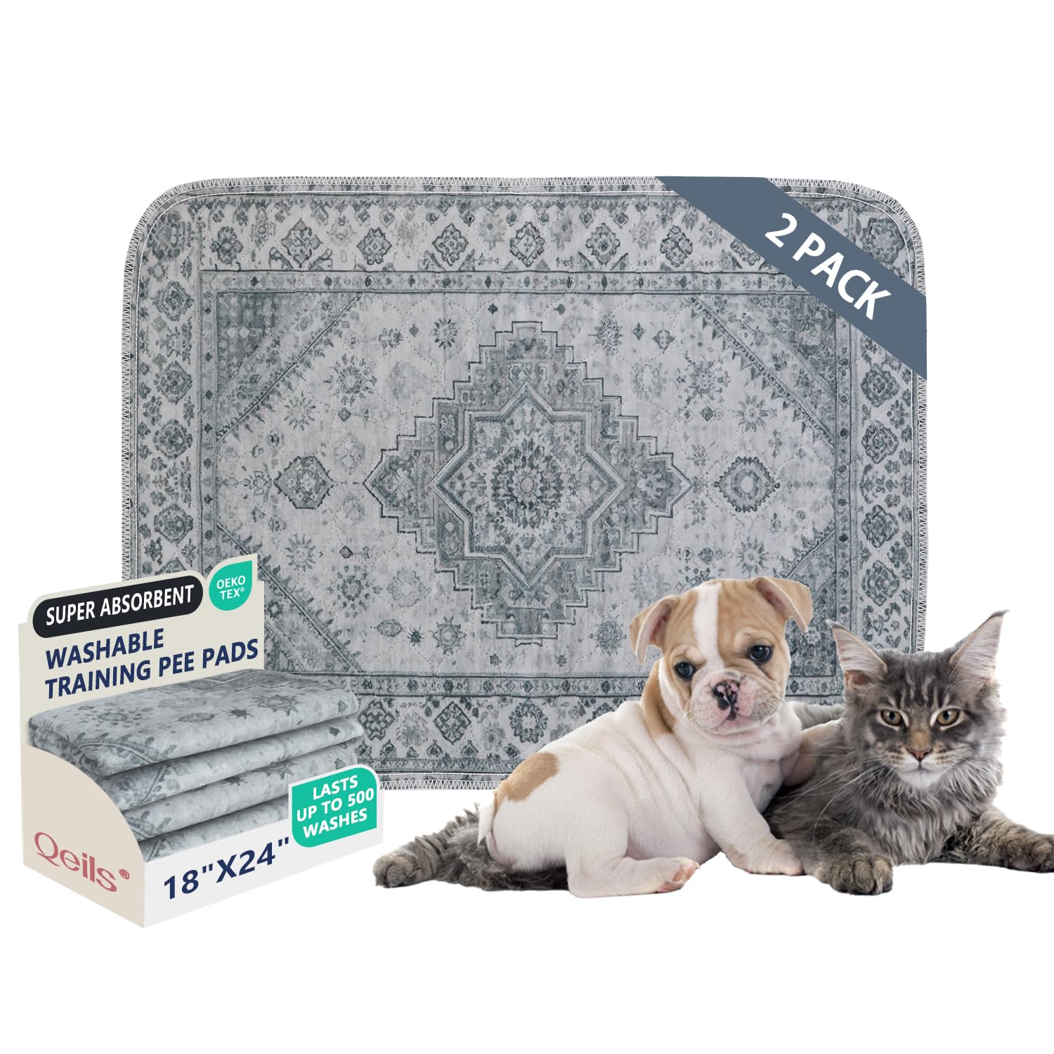 Qeils Washable Pee Pads, Super Absorbent Puppy Pads, 2 Pack 18"x24"