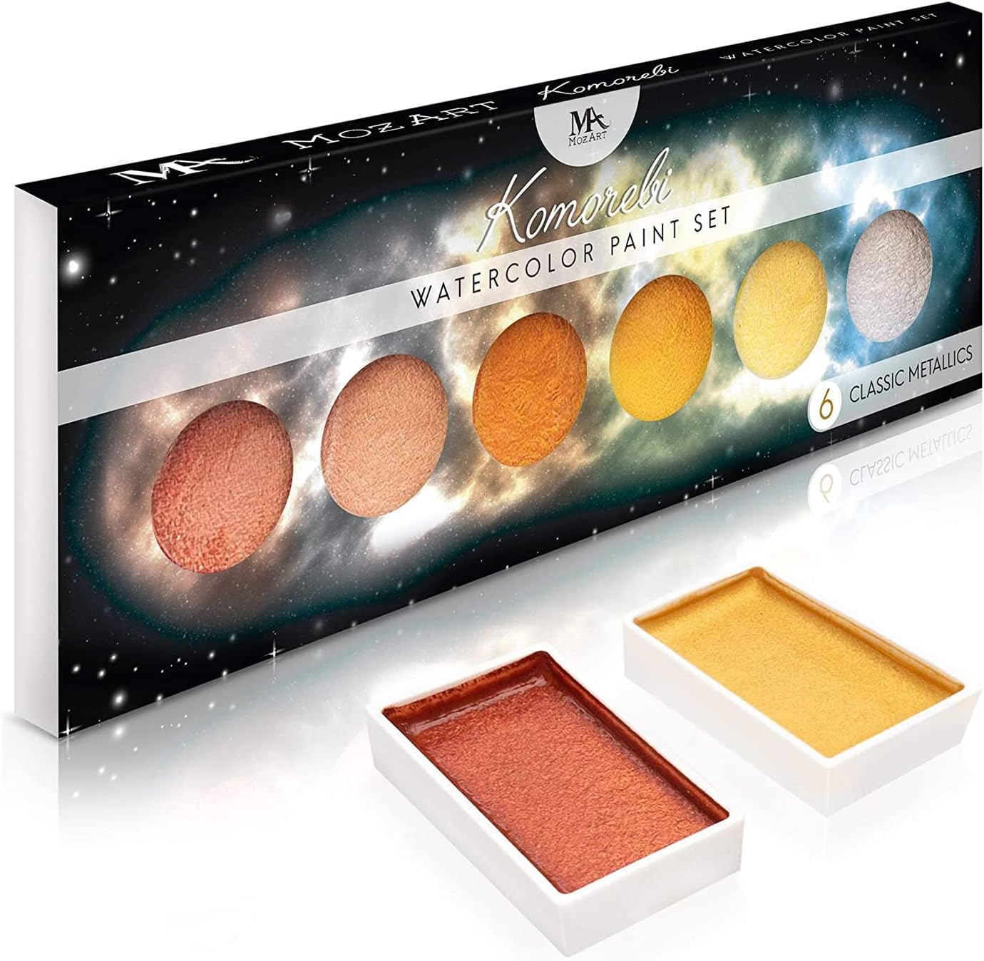 MozArt Supplies Metallic Komorebi Watercolor Paint Set, with 6 Shimmery Colors, Portable and Lightweight, Perfect for Artists, Students & Hobbyists