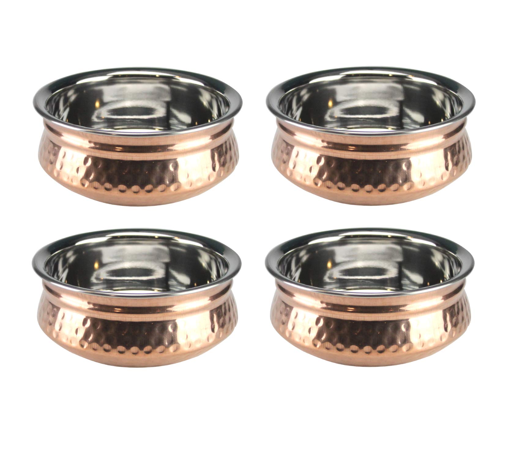 Hammered Copper Serving Handi Double Wall Balti Dishes Curry Serving Bowls Indian Stainless Steel Multipurpose Rim Serving Bowls Set 13cm/15cm/17cm (4, 17cm)