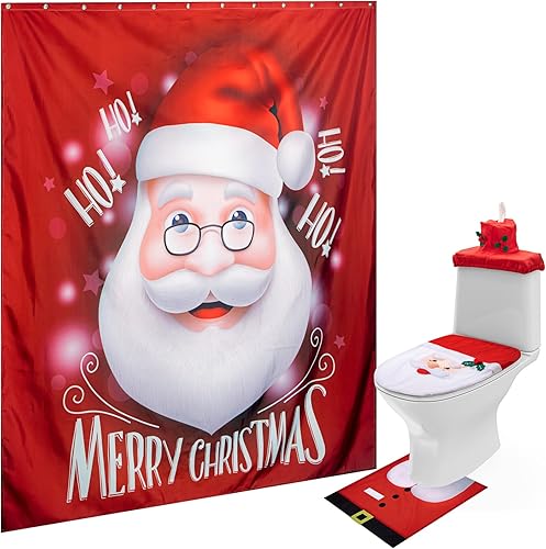 Tatuo Juego de 4 piezas de cortinas de ducha de Papá Noel y funda de asiento de inodoro, adorno de Papá Noel en el inodoro para decoración del hogar