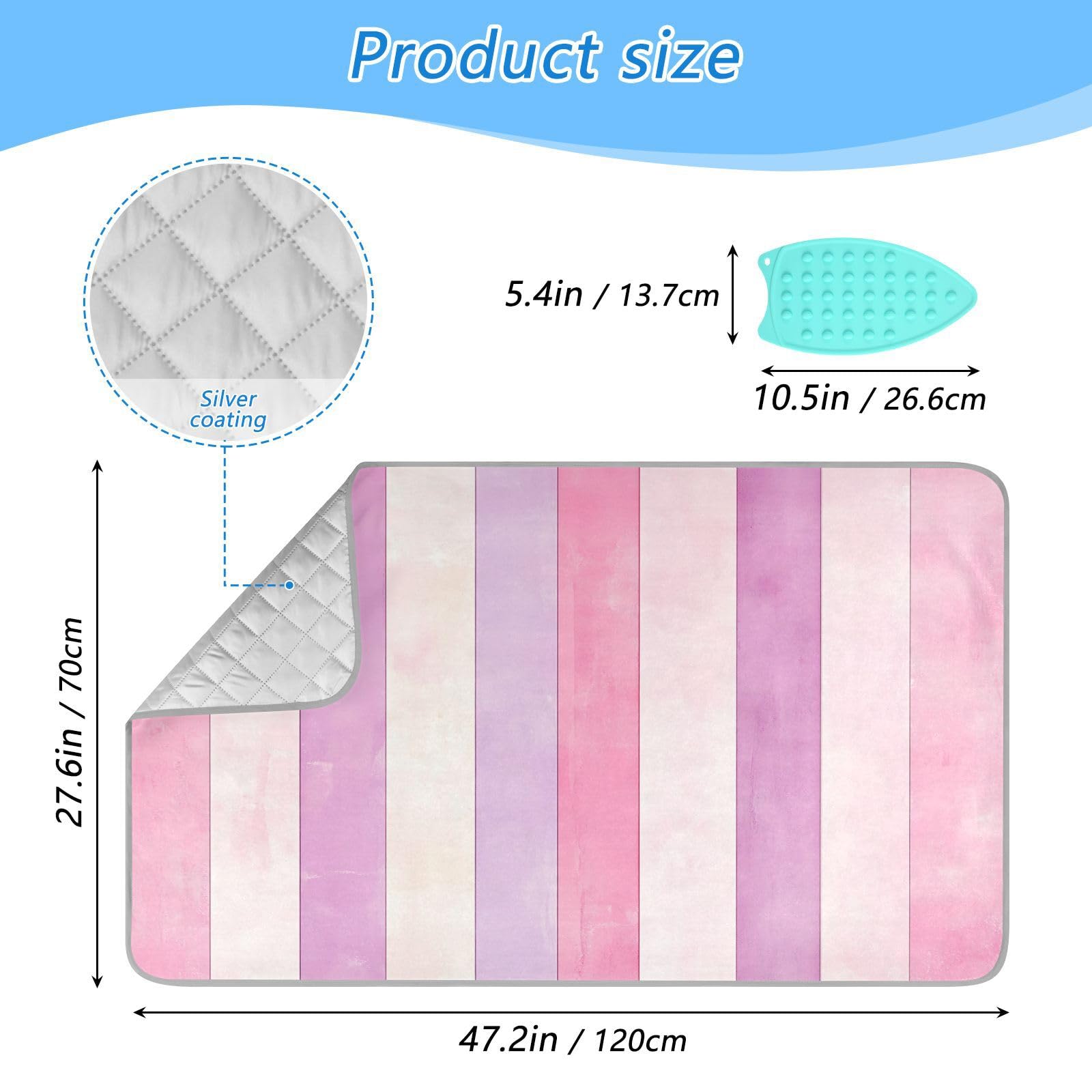 pnyoin Portable Ironing Mat Pink and Purple Stripes Travel Ironing Pad with Silicone Iron Rest for Steam Pressing on Tabletop or Bed Heat Resistant Portable Quilting & Travel Blanket